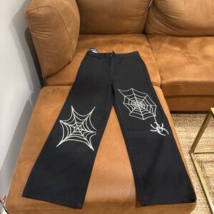 🕷️ Black Spiderweb Embroidered Wide-Leg Pants – Size S 🕷️
